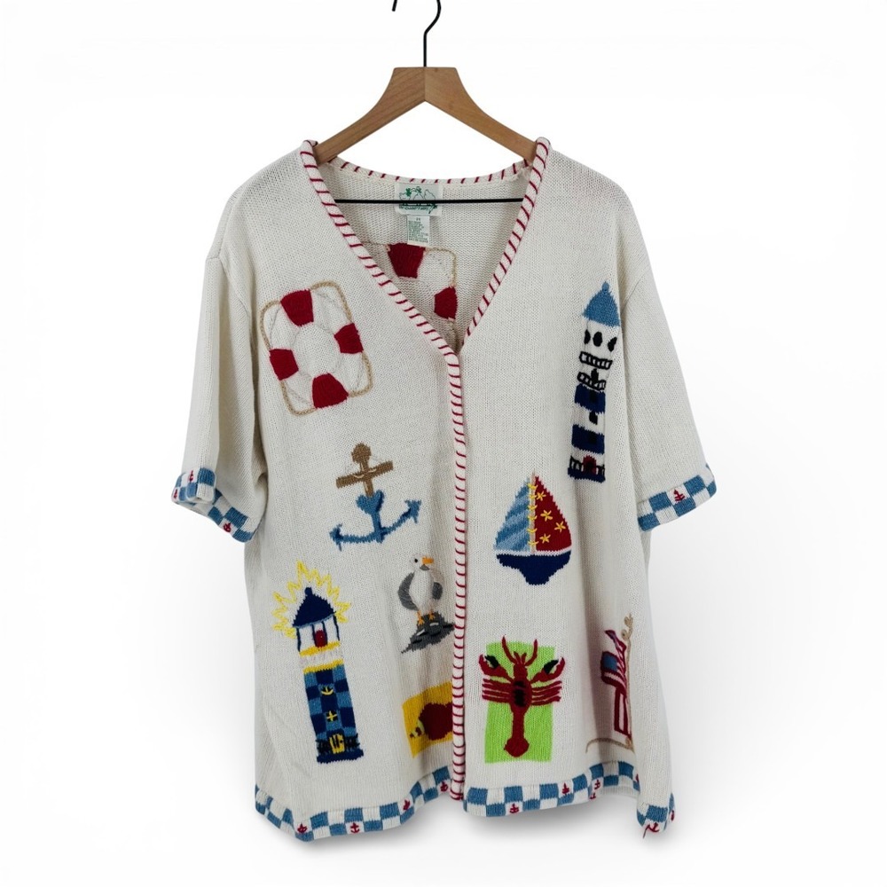 Vintage The Quacker Factory Nautical Cardigan Lighthouse Lobster Size 2X Novelty